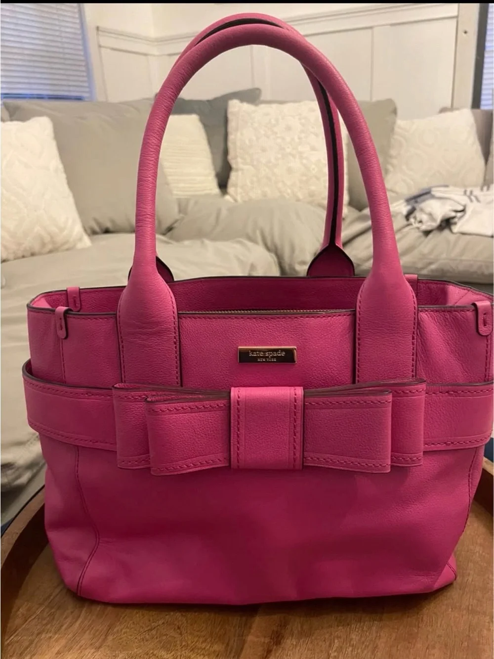 kate spade hot pink leather bow tote